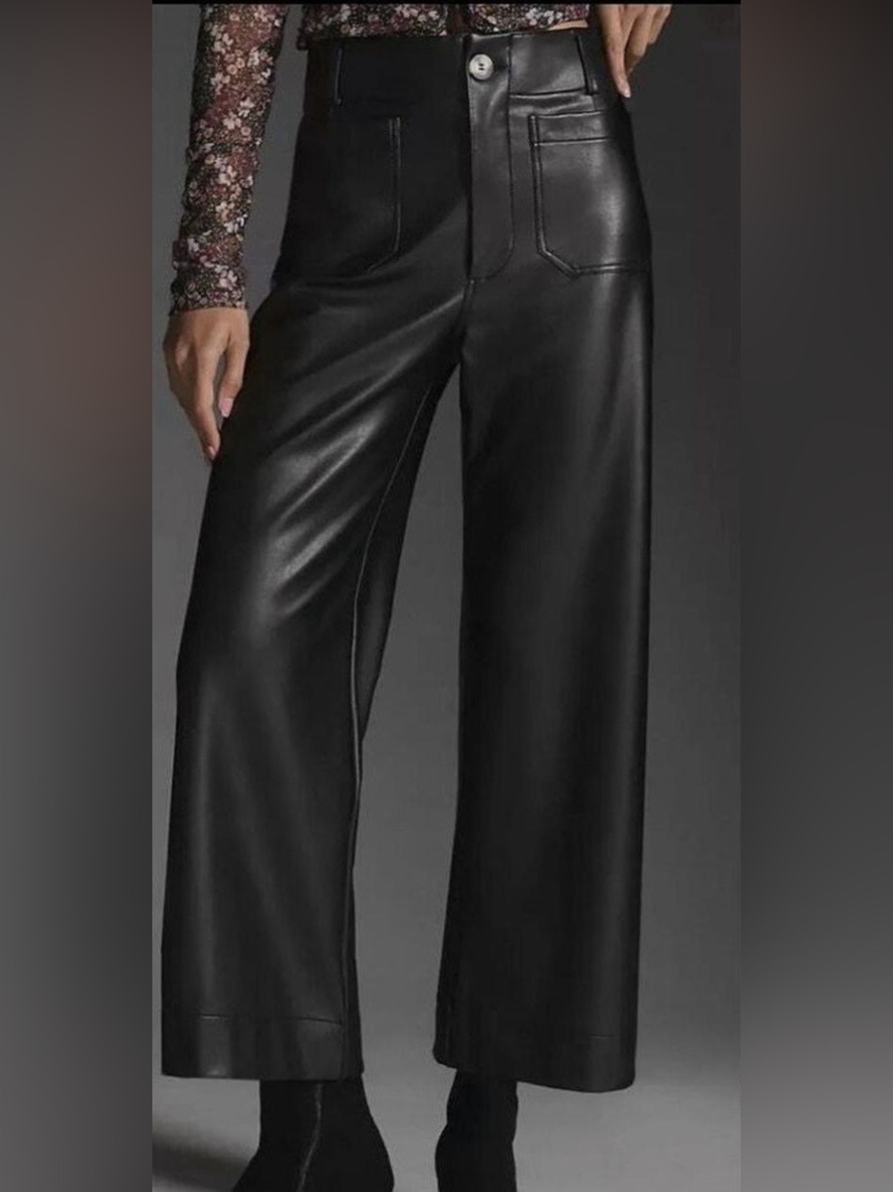 High-Rise Black Faux Leather Wide-Leg Jumpsuit Pants